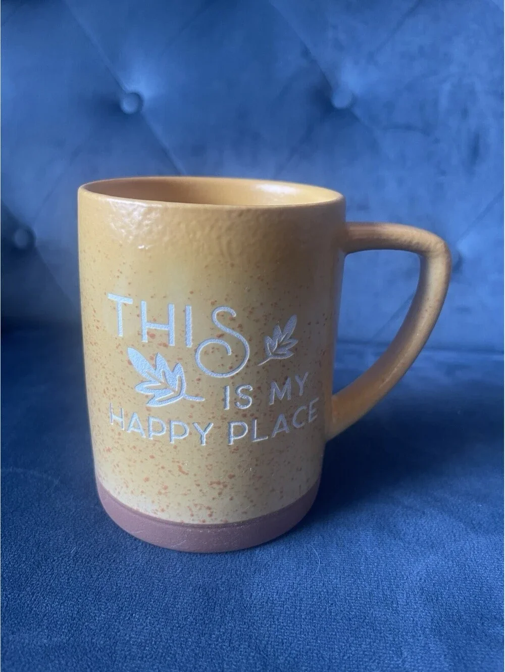 Place & Time Coffee Mug Yellow This Is My Happy Place Handle Large Speckled EUC